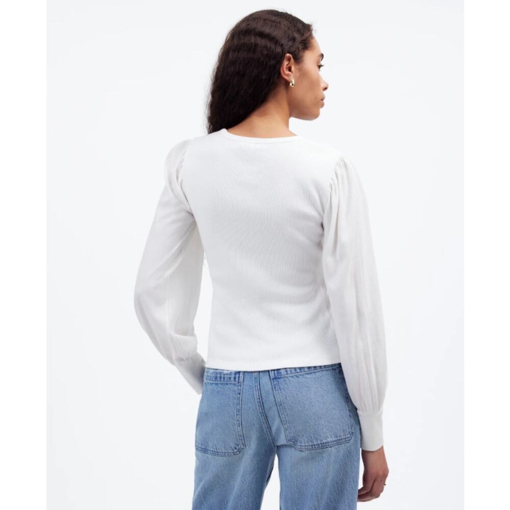 Madewell Ribbed Puff-Sleeve Top Sz S White Long Sleeve Slim Fit Pullover Cotton - Picture 3 of 8